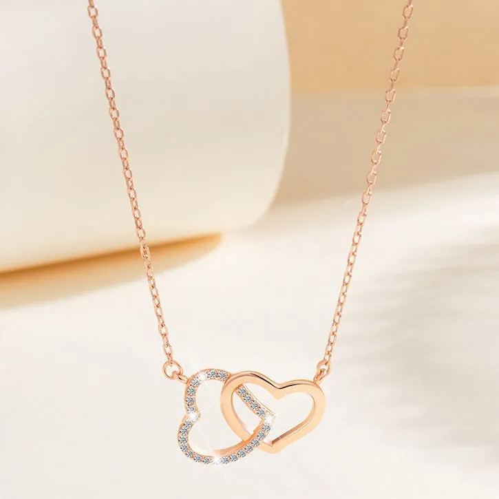 Valentine's Day Gift Two Hearts with Zircon Silver Necklace for Women