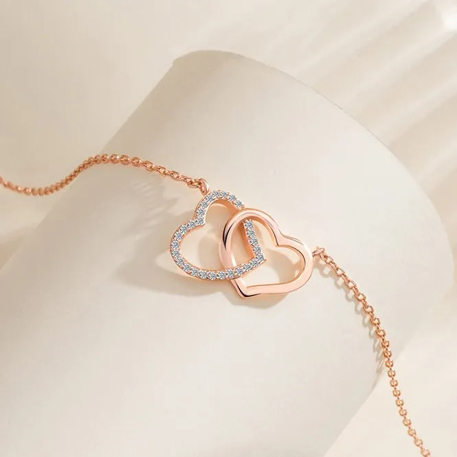 Valentine's Day Gift Two Hearts with Zircon Silver Necklace for Women