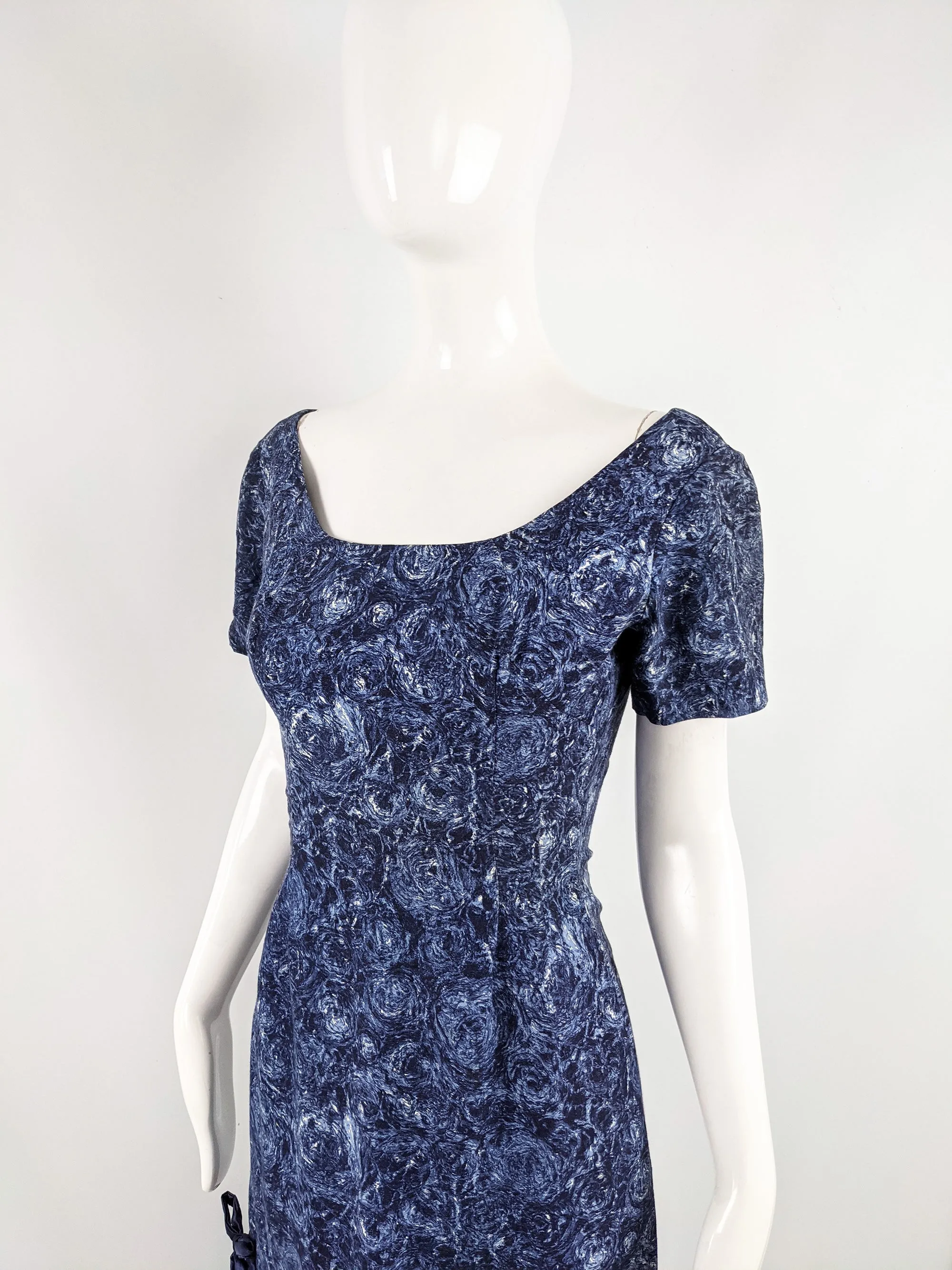 Vintage Blue Floral Wool Dress with Pleated Bubble Hem, 1950s