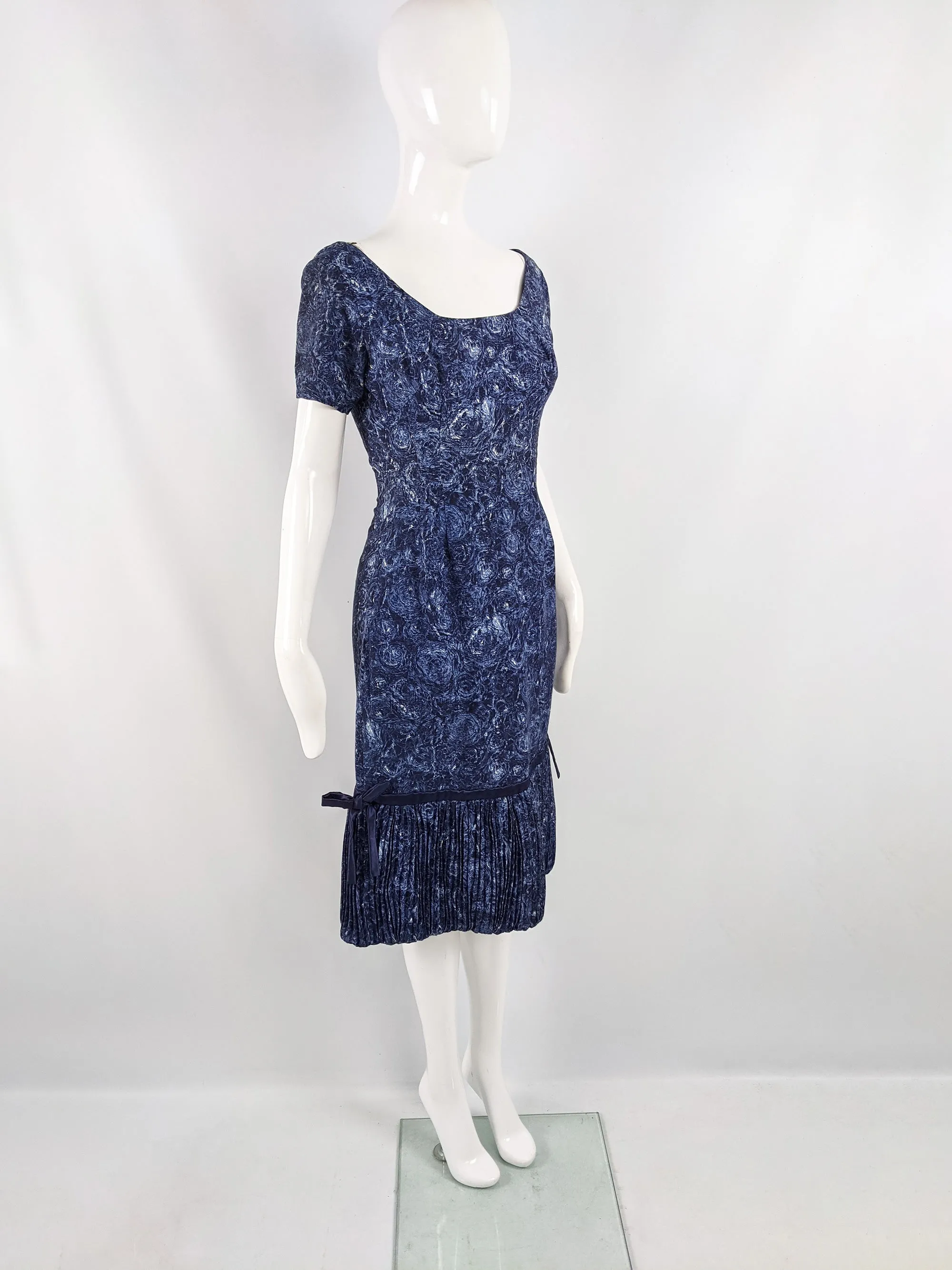 Vintage Blue Floral Wool Dress with Pleated Bubble Hem, 1950s