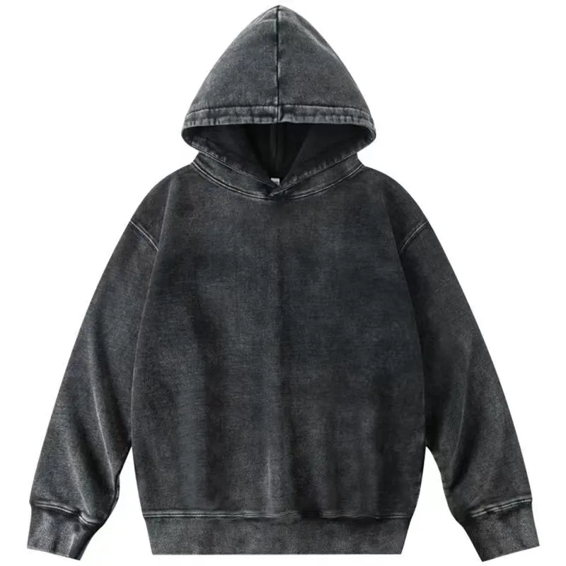 WATER WASHED DISTRESSED FLEECE HOODED SWEATSHIRT