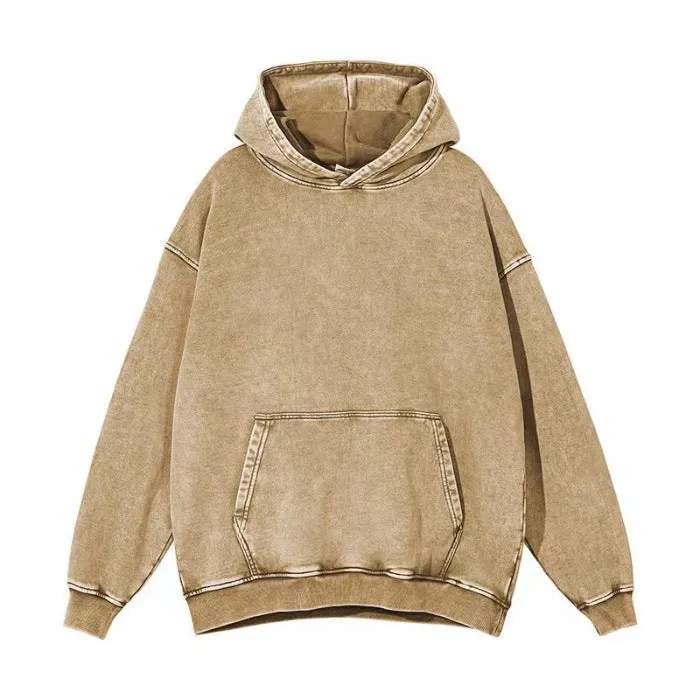 WATER WASHED DISTRESSED FLEECE HOODED SWEATSHIRT