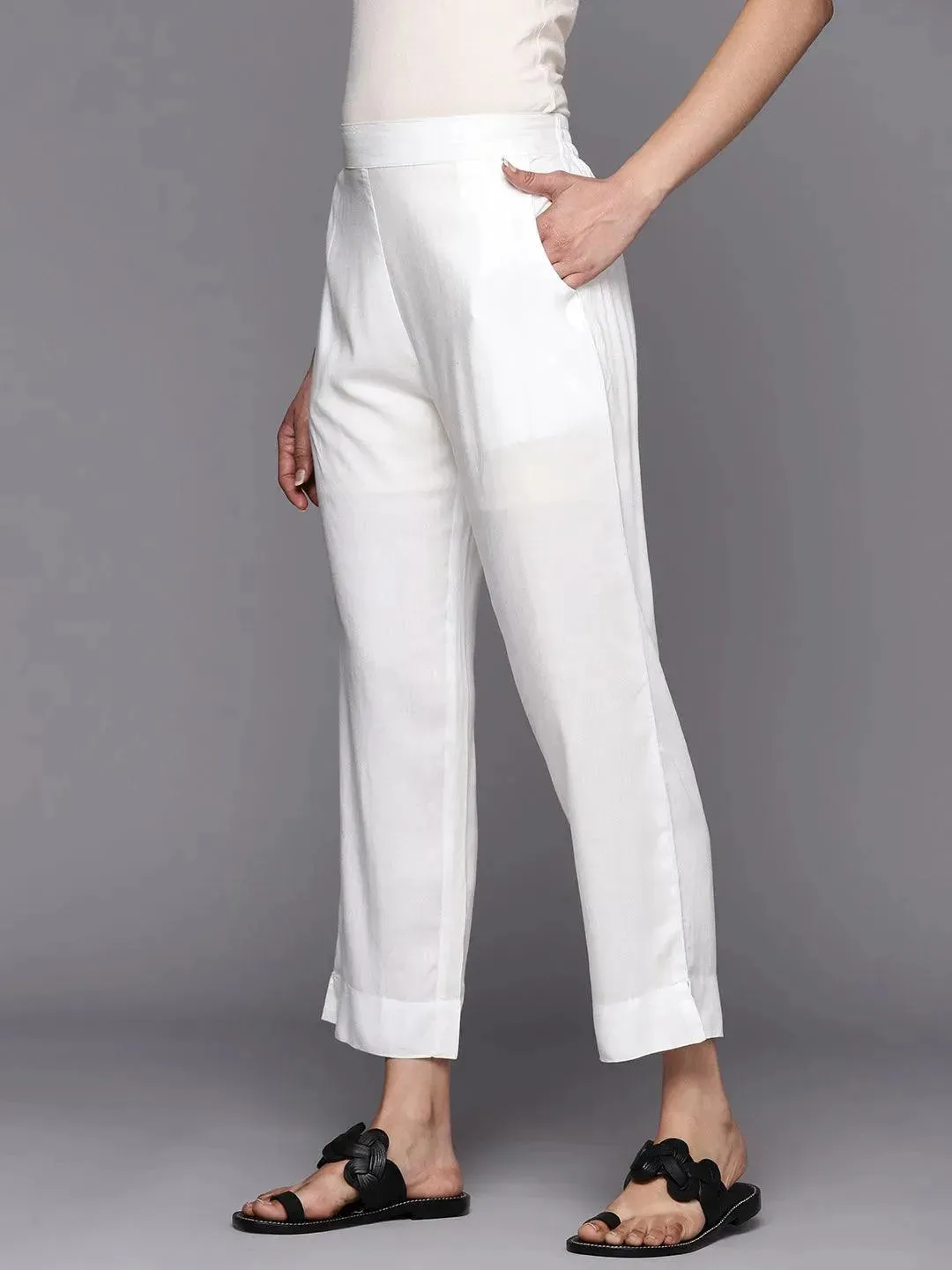 White Solid Viscose Rayon Trousers