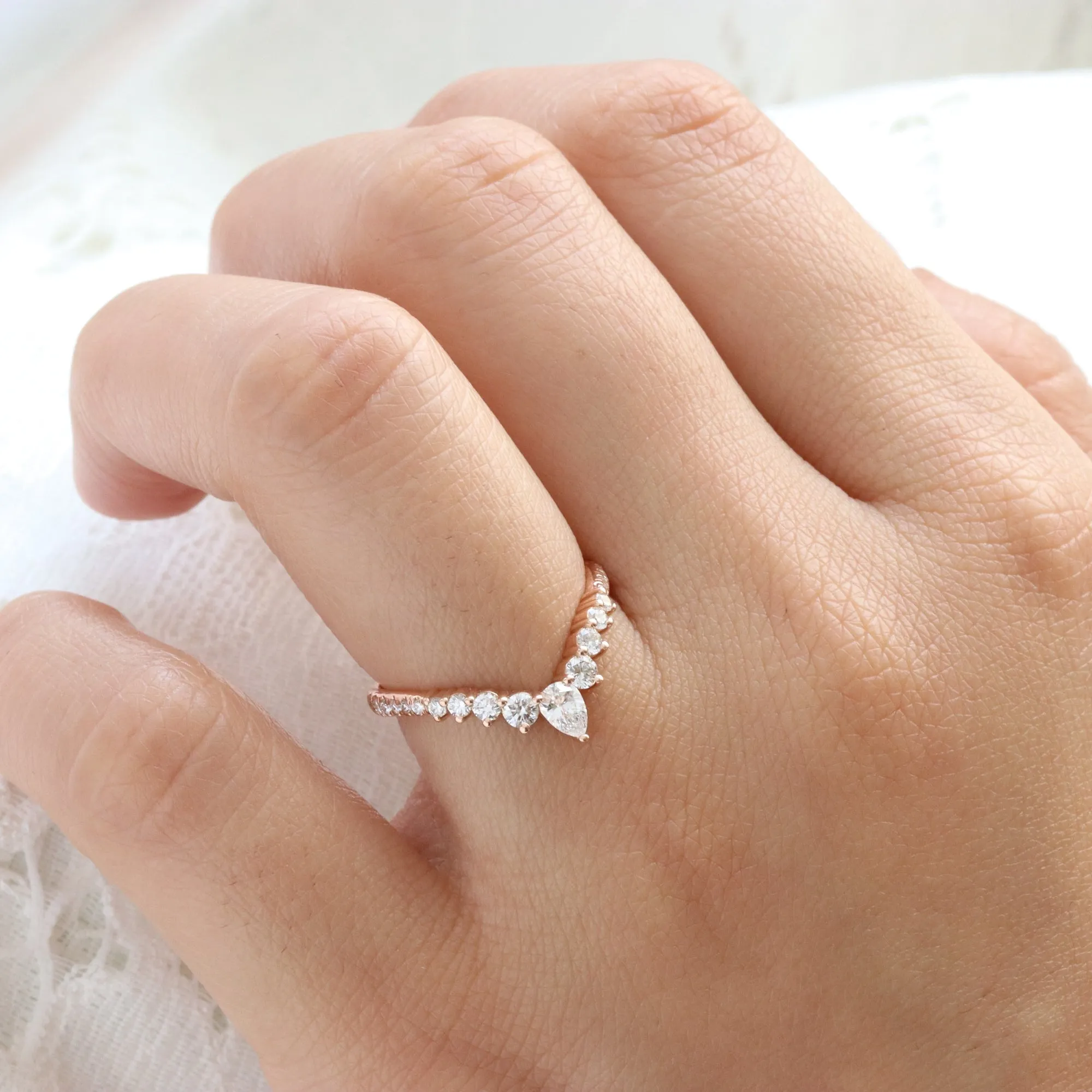 Wishbone Diamond Wedding Ring in Deep V Shaped Pave Band