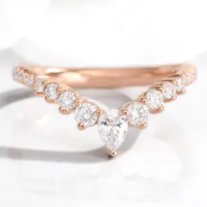 Wishbone Diamond Wedding Ring in Deep V Shaped Pave Band