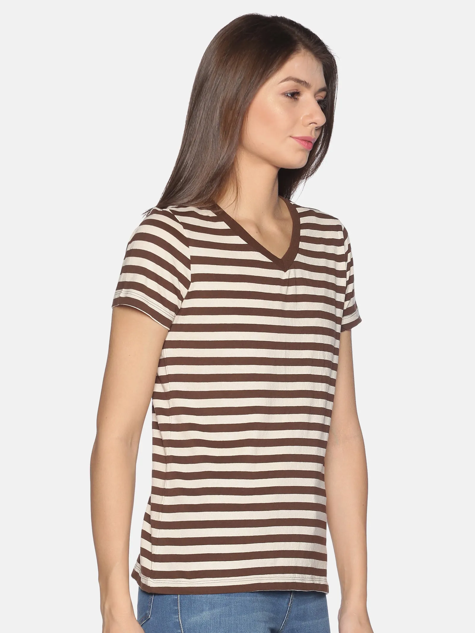 Women Coffee Brown Off White Striped V Neck Recycled Cotton Half Sleeve Regular Fit Casual T-Shirt