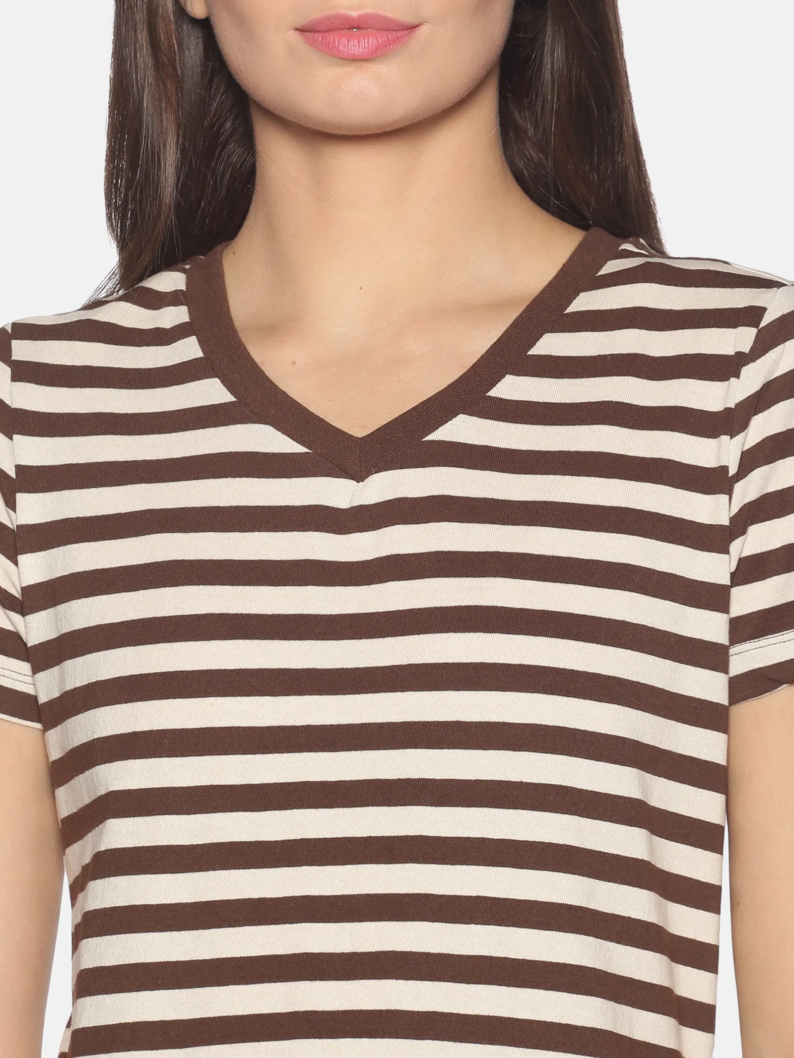 Women Coffee Brown Off White Striped V Neck Recycled Cotton Half Sleeve Regular Fit Casual T-Shirt