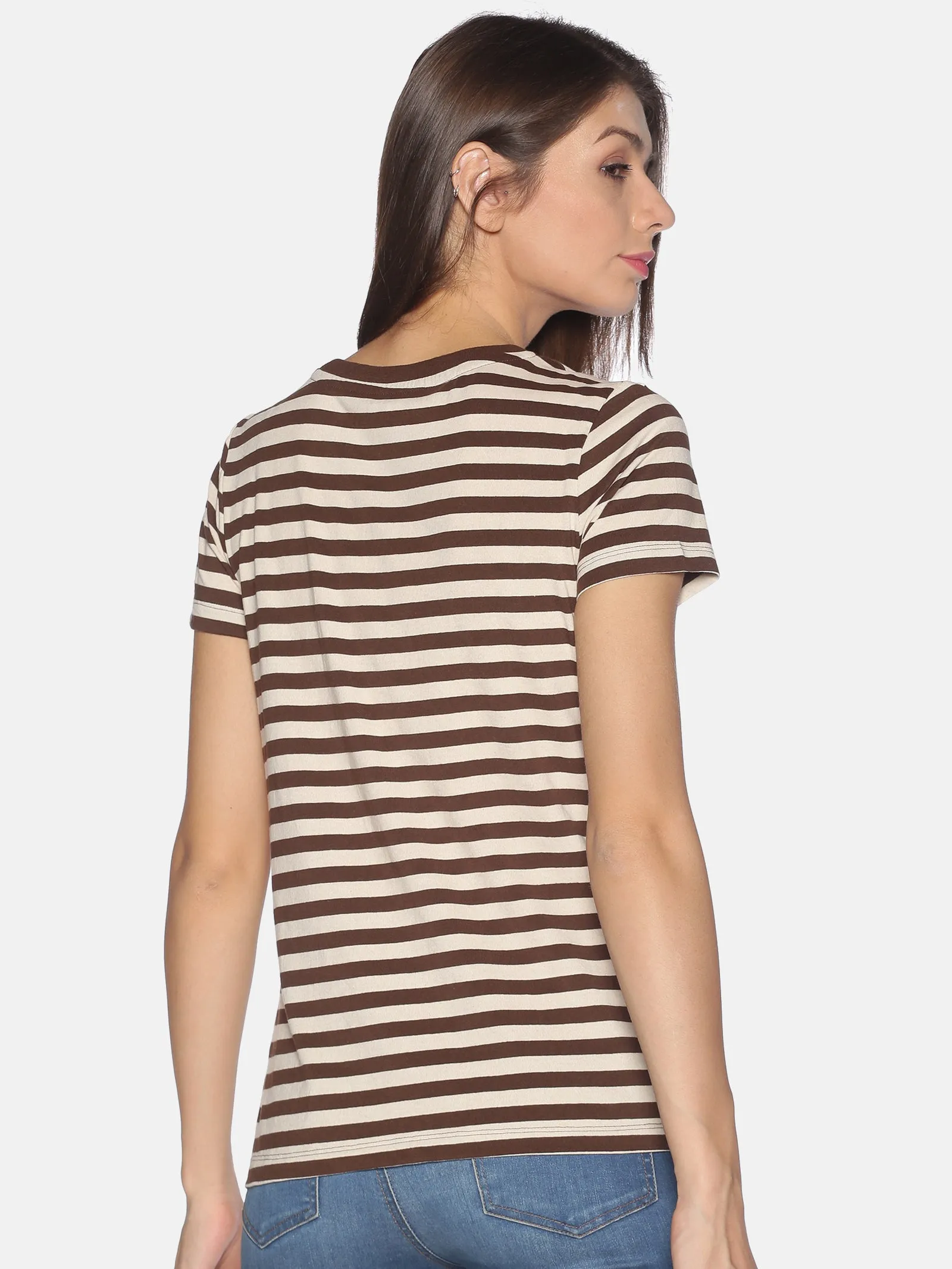 Women Coffee Brown Off White Striped V Neck Recycled Cotton Half Sleeve Regular Fit Casual T-Shirt