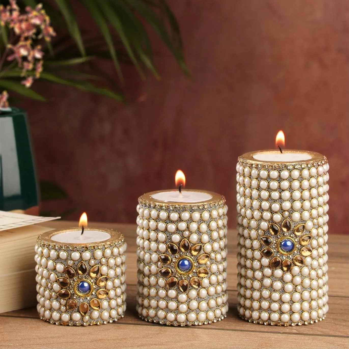 Wooden Pearl Candle Holder (Set of 3) - Decorative Tea Lights - Festive Decor