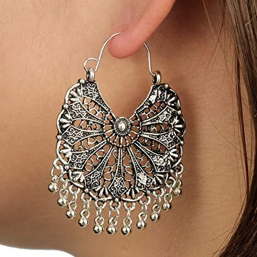 Yellow Chimes Combo of Three Pairs Classic Crafted Traditional Silver Oxidised Chand Bali Earrings For Women & Girls