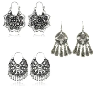 Yellow Chimes Combo of Three Pairs Classic Crafted Traditional Silver Oxidised Chand Bali Earrings For Women & Girls