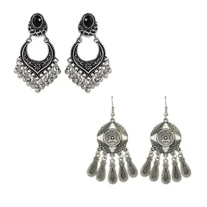 Yellow Chimes Oxidized Silver Combo 2 Pairs Stylish Fancy Traditional Chandbali Earrings For Women & Girls