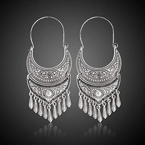 Yellow Chimes Oxidized Silver Combo Of Two Pair Traditional Long Chand Bali Earrings For Women & Girls