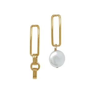 Yellow Gold Plated Asymmetrical Paperclip and Pearl Earrings - "Hope Asymmetrical"