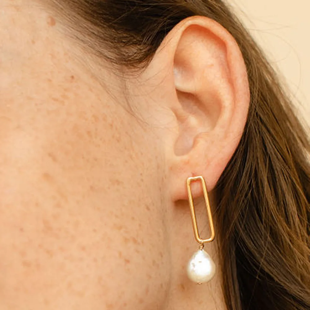 Yellow Gold Plated Asymmetrical Paperclip and Pearl Earrings - "Hope Asymmetrical"