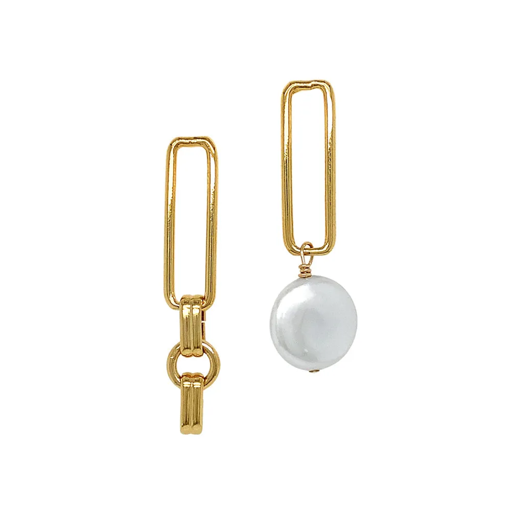 Yellow Gold Plated Asymmetrical Paperclip and Pearl Earrings - "Hope Asymmetrical"