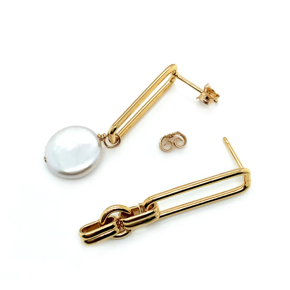 Yellow Gold Plated Asymmetrical Paperclip and Pearl Earrings - "Hope Asymmetrical"