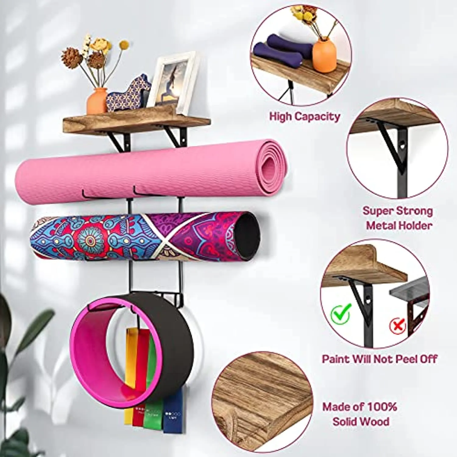 Yoga Mat Holder Wall Mount Yoga Mat Storage Home Gym Accessories with Wood Floating Shelves and 4 Hooks for Hanging Foam Roller and Resistance Bands at Fitness Class or Home Gym