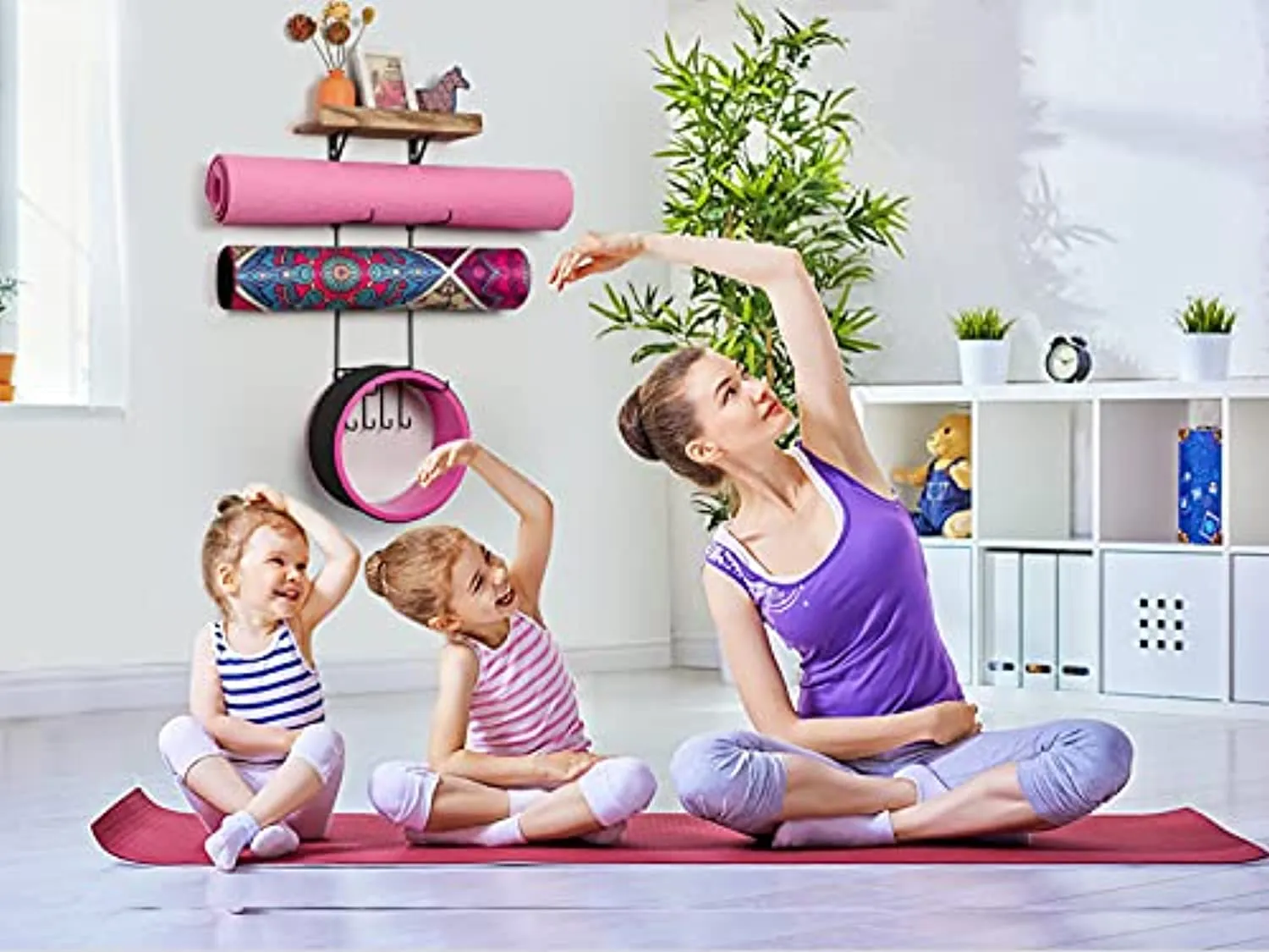 Yoga Mat Holder Wall Mount Yoga Mat Storage Home Gym Accessories with Wood Floating Shelves and 4 Hooks for Hanging Foam Roller and Resistance Bands at Fitness Class or Home Gym