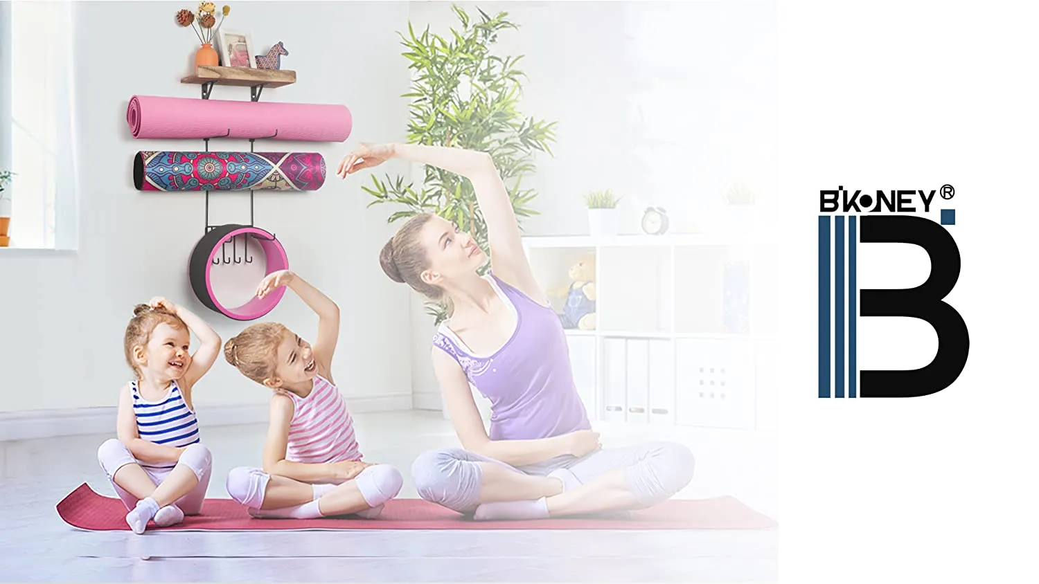 Yoga Mat Holder Wall Mount Yoga Mat Storage Home Gym Accessories with Wood Floating Shelves and 4 Hooks for Hanging Foam Roller and Resistance Bands at Fitness Class or Home Gym