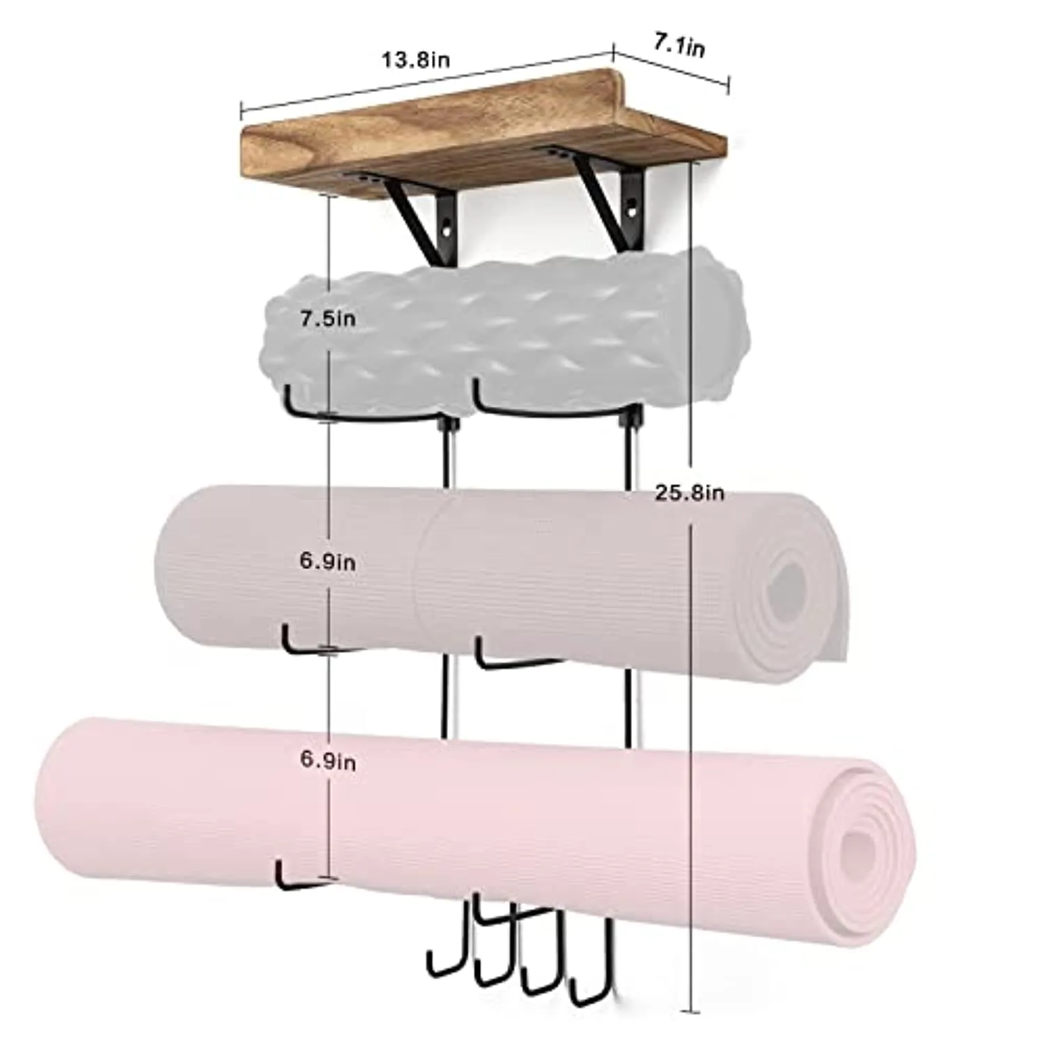 Yoga Mat Holder Wall Mount Yoga Mat Storage Home Gym Accessories with Wood Floating Shelves and 4 Hooks for Hanging Foam Roller and Resistance Bands at Fitness Class or Home Gym