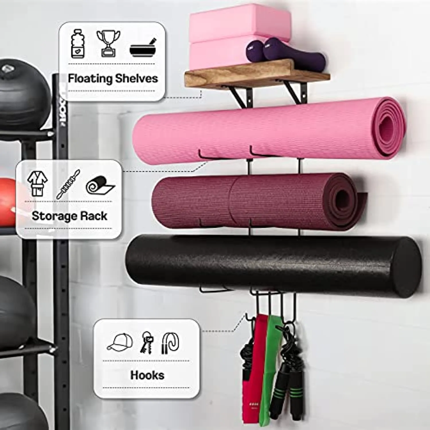 Yoga Mat Holder Wall Mount Yoga Mat Storage Home Gym Accessories with Wood Floating Shelves and 4 Hooks for Hanging Foam Roller and Resistance Bands at Fitness Class or Home Gym